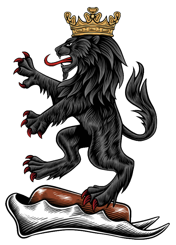 Heraldic Crest of the Baron of Tirawley - A black lion rampant, with a shamrock coronet, upon a red chapeau with white lining